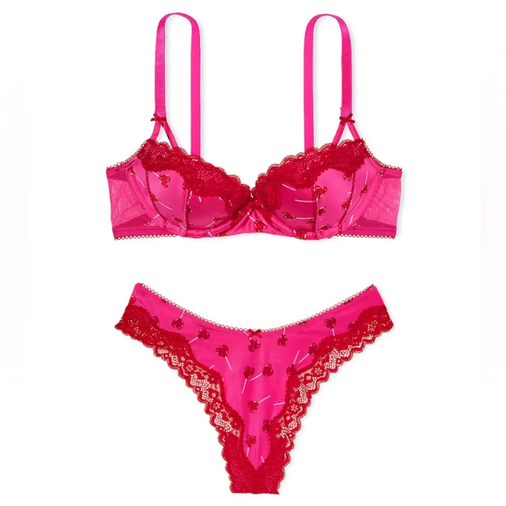 Victoria Secret Tease Push Up Bra Set Pink Cherry Lace 34B XS NWT